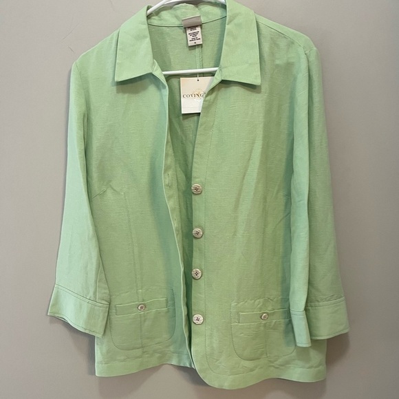 Covington Blazer Lime Linen Blend Collared Button Down 3/4 Sleeve Jacket size 12 - Picture 2 of 10
